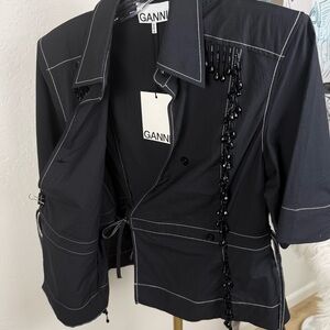 GANNI NWT Black Contrast Stitch Beaded Wrap Top Blouse Size 38